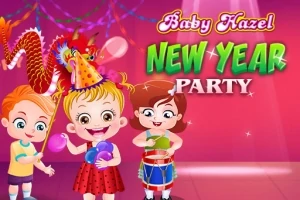 3人の子供たちが新年のパーティーで風船と楽器を持って楽しそうにしているイラスト。