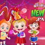 3人の子供たちが新年のパーティーで風船と楽器を持って楽しそうにしているイラスト。