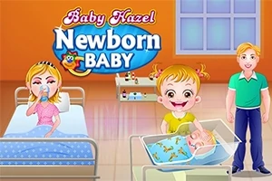 オレンジ色の壁の部屋で、赤ちゃんを抱く女の子とベッドに横たわる母親、そばに立っている男性。