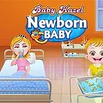 オレンジ色の壁の部屋で、赤ちゃんを抱く女の子とベッドに横たわる母親、そばに立っている男性。