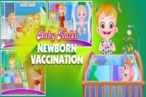 赤ん坊の近くに立つ笑顔の女の子と、カラフルな背景に囲まれた4つの小さなイラスト。