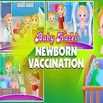 赤ん坊の近くに立つ笑顔の女の子と、カラフルな背景に囲まれた4つの小さなイラスト。