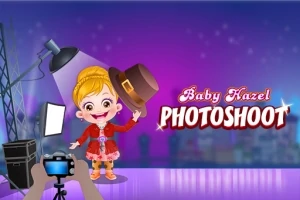 紫の背景で、ライトに照らされた小さな女の子が帽子を持ち、写真撮影が行われているスタジオの様子。