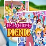 幼稚園の制服を着た子供たちが遠足に出かけるイラストとタイトル。