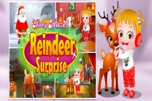 子供がトナカイと遊んでいるクリスマスのテーマ画像。