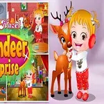 子供がトナカイと遊んでいるクリスマスのテーマ画像。