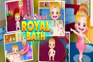 赤ちゃんのハゼルがバスタイムを楽しんでいる様子と、ティアラをかぶったドレス姿のハゼルが描かれている画像。