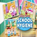 教室の中で、笑顔の女の子と他の子供たちの絵がコラージュされています。