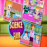 幼児が制服を着て科学の実験を持っている様子と、背景に別の場面が描かれたイラスト。