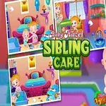 赤ちゃんを世話している幼児たちのカラフルなアニメーションイラスト。