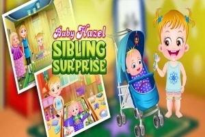 赤ちゃんがベビーカーに乗っており、隣に女の子が立っているカラフルなイラスト。