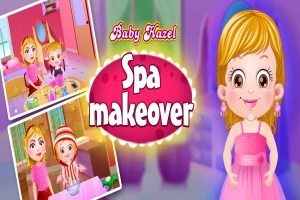 ピンクのドレスを着た金髪の女の子と「Spa makeover」の文字が中央に配置されているカラフルなイラスト。