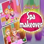ピンクのドレスを着た金髪の女の子と「Spa makeover」の文字が中央に配置されているカラフルなイラスト。