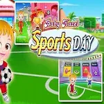 サッカーコートに立つ赤と青のユニフォームを着た子供たちと、中央に「Baby Hazel Sports Day」の文字。