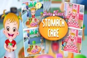 赤い服を着た金髪の子供が笑顔で立っており、背景にキッチンとベッドルームのシーンが描かれているイラスト。