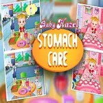 赤い服を着た金髪の子供が笑顔で立っており、背景にキッチンとベッドルームのシーンが描かれているイラスト。
