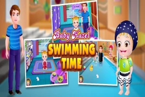 赤ちゃんの水泳時間をテーマにしたイラストで、子供たちとインストラクターがプールサイドに立っている。