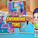 赤ちゃんの水泳時間をテーマにしたイラストで、子供たちとインストラクターがプールサイドに立っている。