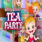 赤い服を着た女の子とその友達がティーパーティーを楽しんでいるイラスト。