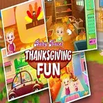 幼児が感謝祭のテーマで楽しんでいる様子と「THANKSGIVING FUN」の文字。