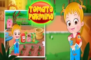 トマトの農場を背景に、オーバーオールを着たかわいい女の子がニワトリを抱えているイラスト。