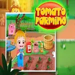 トマトの農場を背景に、オーバーオールを着たかわいい女の子がニワトリを抱えているイラスト。