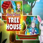 金髪の幼児がウサギと一緒に庭でポーズを取り、木の家が背景に描かれているイラスト。