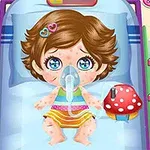 ベッドに横たわる幼い子供が呼吸マスクをつけている。
