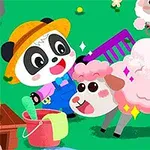パンダが牧場で刈られたピンク色の羊の毛を持つ羊の世話をするイラスト。