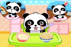 緑色のテーブルでフォークを持つパンダがスパゲッティを食べている様子。