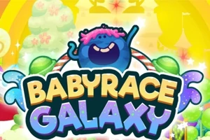 青いキャラクターとカラフルな背景に「BABYRACE GALAXY」と書かれたタイトルロゴ。