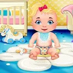 赤ちゃんがマットの上に座っており、おもちゃの馬、ぬいぐるみ、哺乳瓶が周りに置かれている。