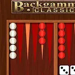 バックギャモンのボード上に赤と白の駒が並び、サイコロが振られている様子。