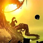 木々と奇妙な生物がシルエットとして描かれた黄色とオレンジの背景の幻想的な風景。