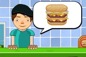 帽子をかぶったキャラクターがカウンター越しにハンバーガーのイラストを吹き出しで示している。