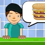 帽子をかぶったキャラクターがカウンター越しにハンバーガーのイラストを吹き出しで示している。