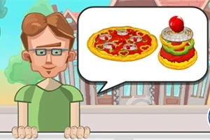 メガネをかけた男性がピザとハンバーガーのイラストが入った吹き出しの前に立っている。