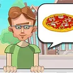 メガネをかけた男性がピザとハンバーガーのイラストが入った吹き出しの前に立っている。