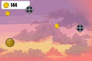 夕焼けの空を背景に、金色のコインや黒い障害物が漂い、サッカーボールが描かれている。