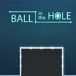 青い背景に「BALL in the HOLE」というテキストと、黄色いボールが左の台にあり、右側には赤いラインが見えるシンプルな構図。