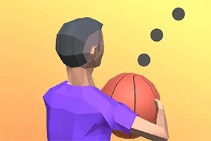 紫色のシャツを着たポリゴンスタイルの人物がオレンジ色のバスケットボールを持っている。