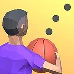 紫色のシャツを着たポリゴンスタイルの人物がオレンジ色のバスケットボールを持っている。