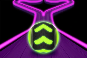 ネオンピンクと緑のライトで飾られた黒い背景の中、発光する緑の矢印が描かれたボールと曲がりくねった道。