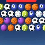 カラフルな背景にサッカーボール、野球ボール、バスケットボール、テニスボール、ボウリング玉、および数字の「7」が描かれた青いボタンが並んでいる。