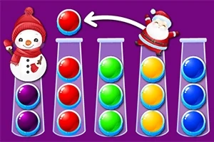 紫色の背景に、サンタクロースと雪だるまが描かれた画面、カラフルなボールが試験管に並んでいる。