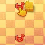 黄色とオレンジの市松模様の背景に、黄色の手形が赤いスイッチを指しているイラスト。