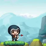 フードを被ったキャラクターが弓矢を持ち、黄色の風船を狙っている風景。