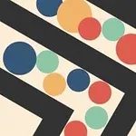 ベージュの背景に黒い線で描かれた迷路の中を、カラフルな丸いボールが並んで進んでいる。