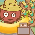 バナナを販売する帽子をかぶったキャラクターと果物スタンド。