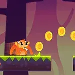 森の背景に、オレンジ色のキャラクターが浮遊するコインに向かってジャンプしている様子。